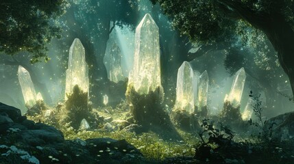 Crystal Pillars in the Enchanted Forest: Behold the mystique of a grove adorned with colossal crystal pillars, illuminated by ethereal light, nestled within a lush, dreamlike forest.