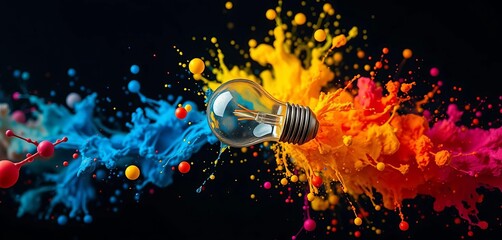 Surreal floating lightbulb explodes into vibrant paint droplets, a spectrum of color against a dark void,   aesthetic,  droplets