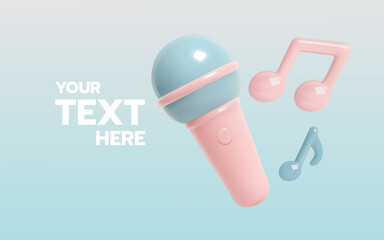 3D Pastel Microphone with Music Notes in Cute Kawaii Illustration Style