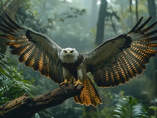 Harpy eagle perched on a branch in the lush jungle