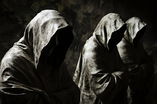 Mysterious hooded figures in a shadowy environment Generative AI