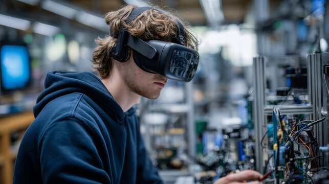 A university student engineer explores project work using virtual reality tools, immersed in a high-tech learning environment with VR gear
