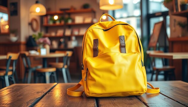 A cheerful yellow backpack rests on a rustic wooden table in a warm cafe, desk, object - Powered by Adobe