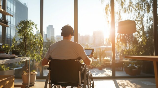 Young man in wheelchair using tablet while listening to music during sunset in modern high-rise apartment