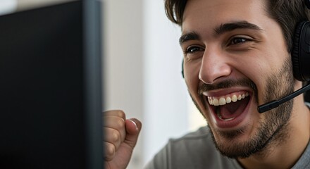 Young man with headset celebrating victory while playing online video game on computer.