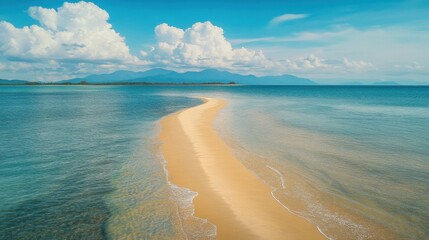 Tranquil Sandy Beach Pathway Leading to Clear Blue Ocean Horizon