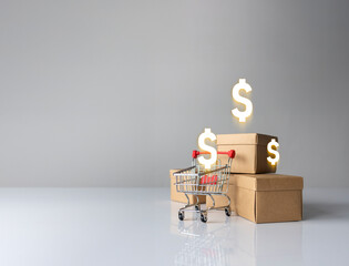 Mini shopping cart and cardboard boxes with dollar icons on gray background