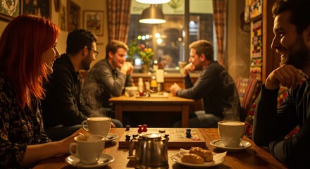 Group of friends socializing and playing board games in a cozy cafe at night.
