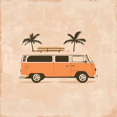 A minimalist vector illustration depicts an orange vintage van parked between two palm trees. The scene evokes a warm, retro beach vacation vibe.