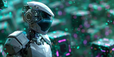 Futuristic silver robot with intricate designs stands amidst glowing cubes in a colorful digital environment.
