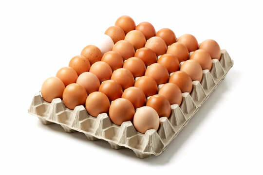 high-quality product photograph of a cardboard egg carton containing 30 brown eggs arranged in a 6x5 grid pattern