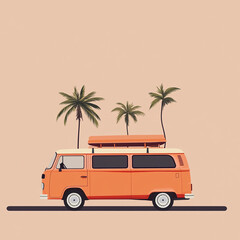 A minimalist vector illustration depicts an orange vintage van parked between two palm trees. The scene evokes a warm, retro beach vacation vibe.