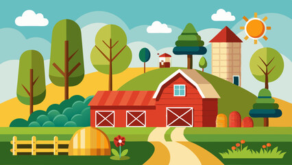 Charming cartoon farm scene with red barn silo trees hay bale and sunny sky