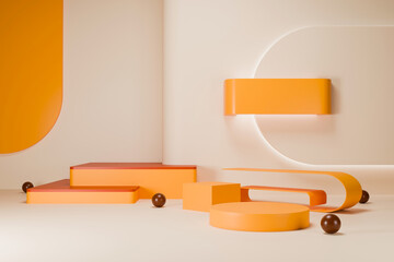 3D geometric abstract scene with orange shapes and minimal composition