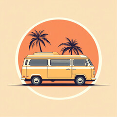 A minimalist vector illustration depicts an orange vintage van parked between two palm trees. The scene evokes a warm, retro beach vacation vibe.