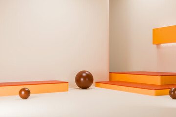 3D geometric abstract scene with orange shapes and minimal composition