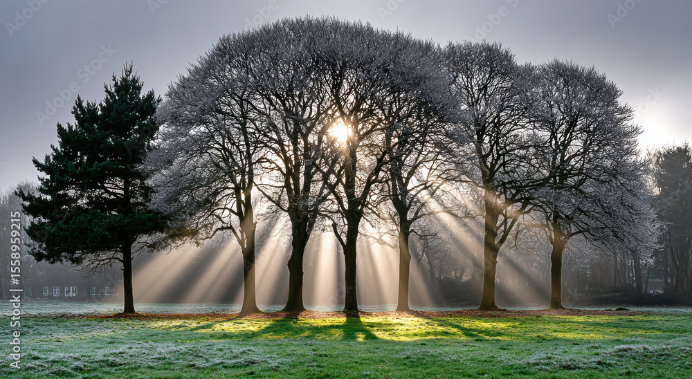 Poster sunlight streams through row of frosty trees in serene winter landscape