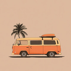 A minimalist vector illustration depicts an orange vintage van parked between two palm trees. The scene evokes a warm, retro beach vacation vibe.