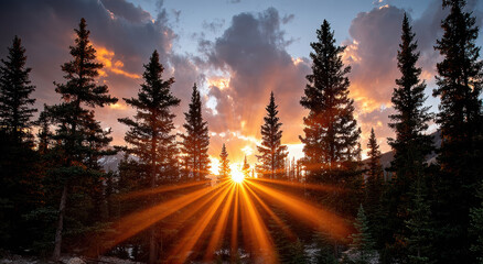 Sunset rays burst through forest of tall pine trees, creating dramatic and serene landscape