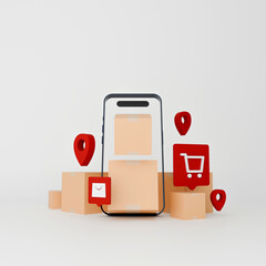 Express delivery concept with phone, parcels, and location pins for fast logistics and shipping
