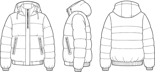  Puffer Jacket Flat Sketch Illustration, Trendy Modern Winter Outerwear Design with Hood and Zipper Pockets, Fashionable Warm Padded Apparel Template Vector.