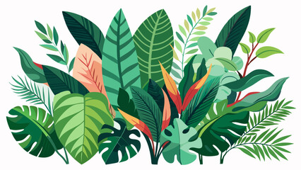 Vibrant tropical foliage illustration with diverse green leaves and colorful accents © skcpdesign