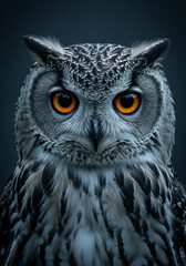 Obraz premium Extreme close-up of an Eurasian eagle-owl with grey and white plumage, and large, bright, intense orange eyes