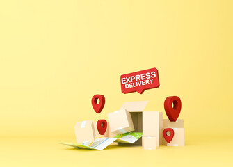 Express delivery concept with phone, parcels, and location pins for fast logistics and shipping