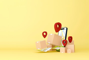 Express delivery concept with phone, parcels, and location pins for fast logistics and shipping
