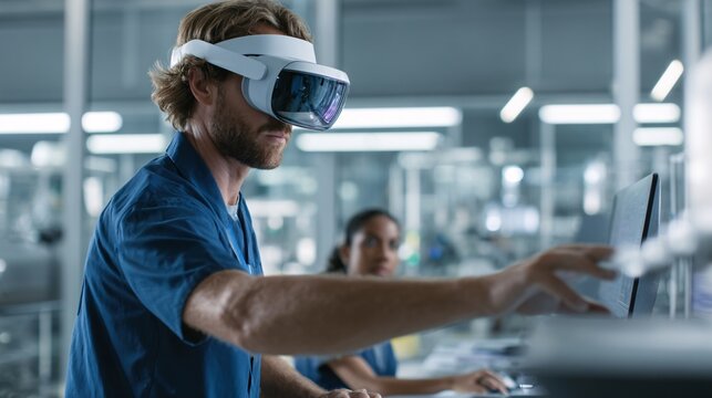 Man Wearing Blue Shirt and White VR Headset in Modern Workspace