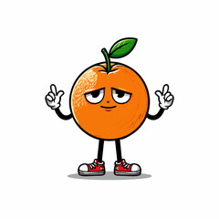 Cartoon orange character with sneakers and a leaf pointing upwards pose