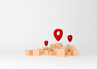 E-commerce logistics with cardboard boxes and delivery location icons