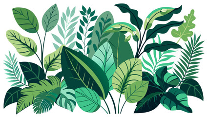 A vibrant illustration of diverse tropical jungle leaves and foliage in various shades of green © skcpdesign