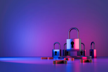 Colorful padlock floating above keyhole with broken key pieces on neon gradient background, symbolizing digital security or data breach