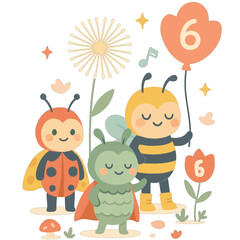 Naklejka premium Garden Bugs in Costume – Age 6 Birthday Celebration