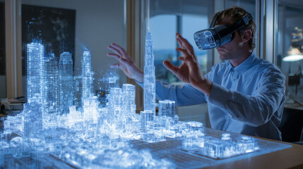 In a high-tech AR environment, an architect utilizes gesture controls through a VR headset to design and interact with 3D smart city models