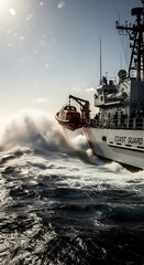Coast Guard Ship Launching Lifeboat in Rough Seas