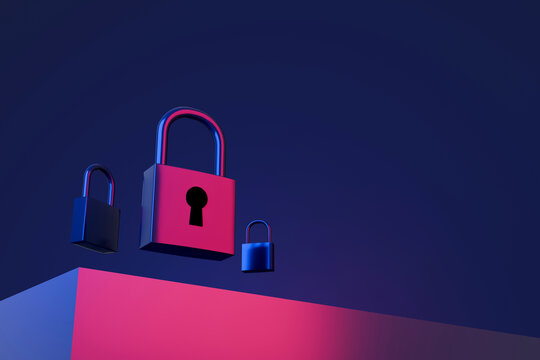 Colorful padlock floating above keyhole with broken key pieces on neon gradient background, symbolizing digital security or data breach
