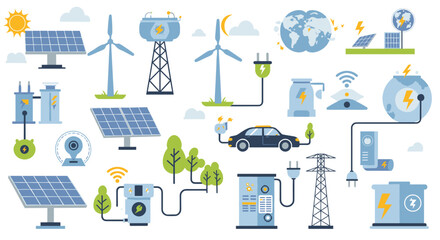 Renewable energy solutions vector illustration - sustainable power, clean technology, green design for educational poster, flat style
