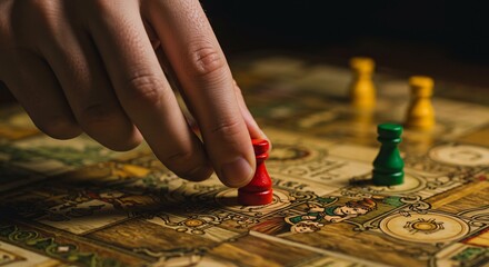 Close-up of a hand making a strategic move with a red pawn in a board game.