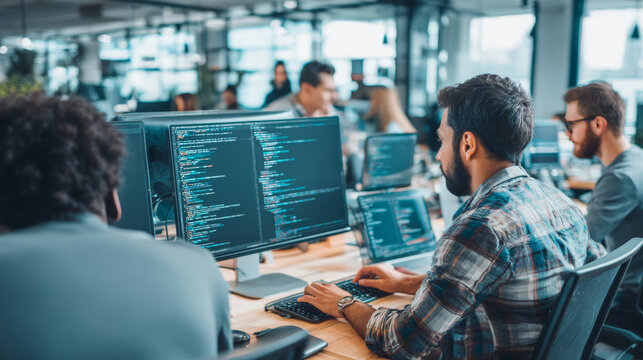 Software developers code together in an office, collaborating on a new application project in a high-resolution workspace