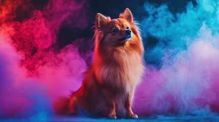 A fluffy dog poses confidently with colorful smoke in the background.
