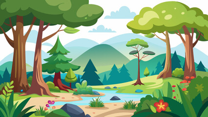 Vibrant cartoon forest landscape with rolling green hills and a winding river under a cloudy sky