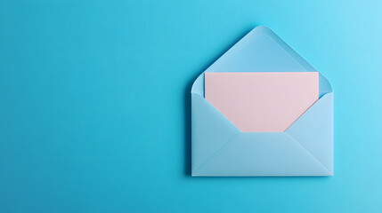 Open blue envelope with pink invitation card, paper stationery mock up on vibrant turquoise background, elegant letter message composition, minimalist greeting concept, blank note for celebration or a