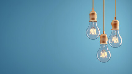 Light bulbs hanging on blue pastel background, copy space