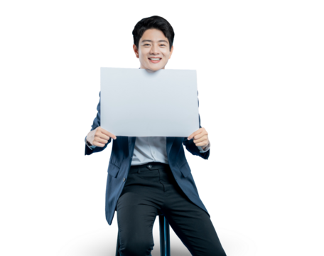 young professional peeks over the top of a blank white sign, creating curiosity for an upcoming announcement or message.