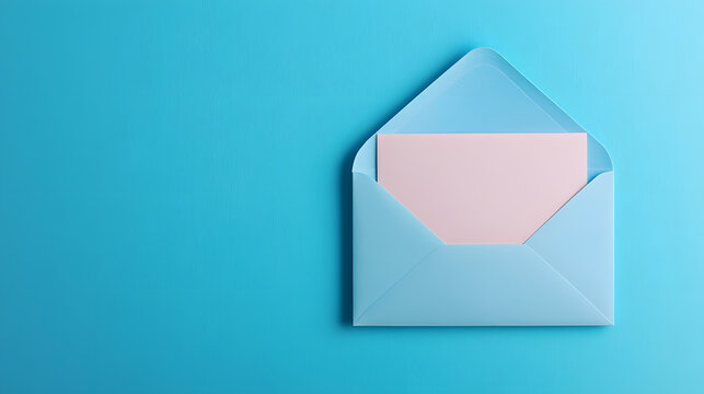 Open blue envelope with pink invitation card, paper stationery mock up on vibrant turquoise background, elegant letter message composition, minimalist greeting concept, blank note for celebration or a