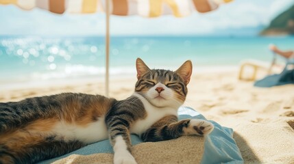 A relaxed cat lounges under a beach umbrella on a sunny day.