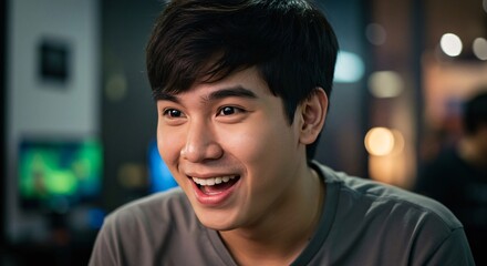 Happy young Asian man laughing while watching streaming video or playing online games at night.