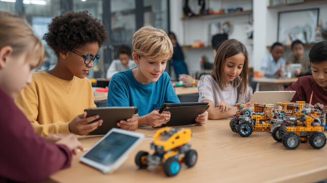 Students from various backgrounds build robotic cars with tablets in a STEM classroom, learning AI and engineering skills